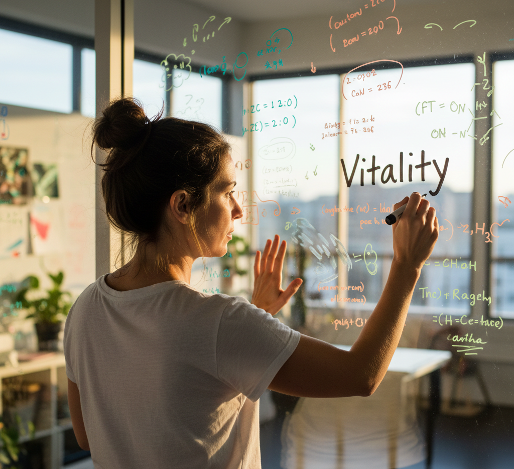 A food brand strategist rewriting technical R&D formulas into emotional human benefits on a glass whiteboard.